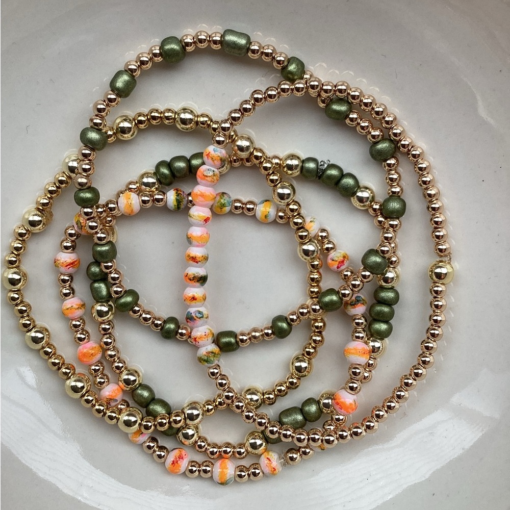 14K Gold Plated Custom Bracelet Stack -  Set of 5 - Multi Color w/Green